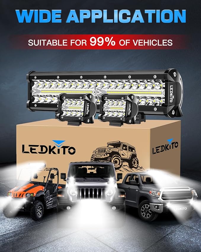 12 Inch LED Light Bar and 2PCS 4 Inch LED Pods with Rocker Switch 3 Lead Wiring Harness Kit Triple Row Off Road Lights bar Spot Flood Combo Light Bar for UTV Truck Tractor Boat