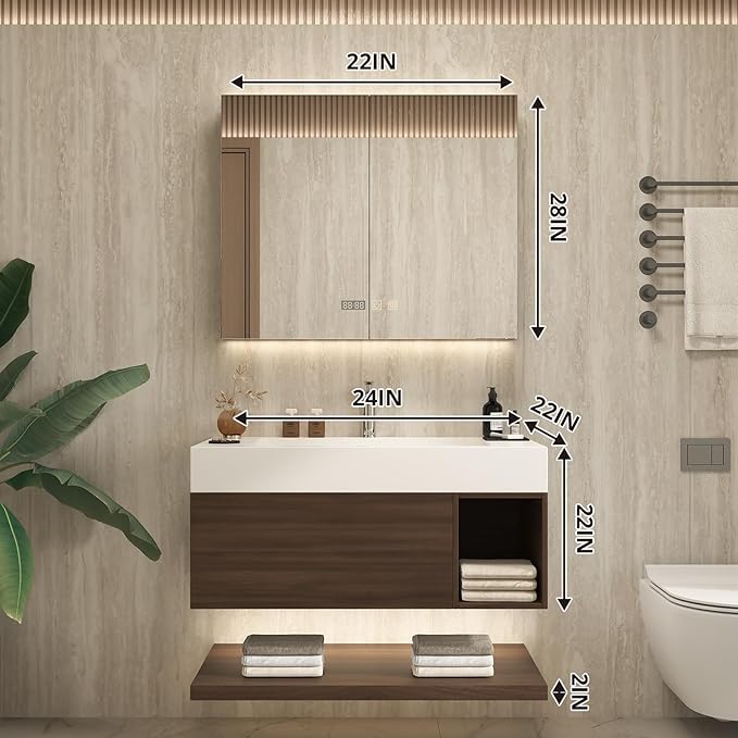 24" Modern Floating Bathroom Vanity Set with Sink, LED Smart Mirror Cabinet, Soft-Close Drawer and Open Storage Shelves, Walnut
