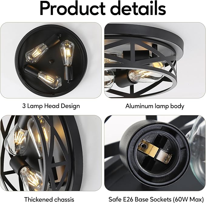 Farmhouse Cage Ceiling Light Fixtures, 3-Light Indoor Close to Ceiling Lights, 13 Inch Round Vintage Metal Flush Mount Ceiling Lights for Bedroom, Living Room, Porch Kitchen Entrance, Black