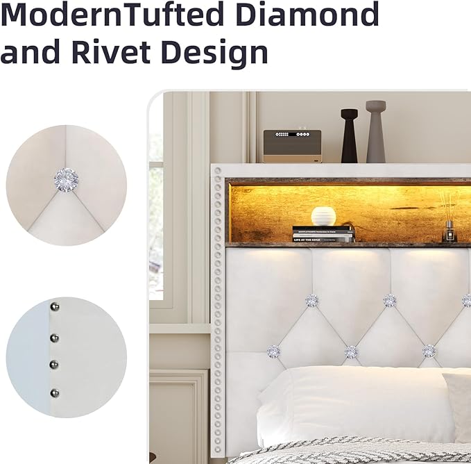 HOMBCK King Size Bed Frame with LED Lights and Storage Headboard, Velvet Upholstered Bed Frame King with Charging Station, Modern Diamond and Rivet Design, No Box Spring Needed, Easy Assembly, Beige