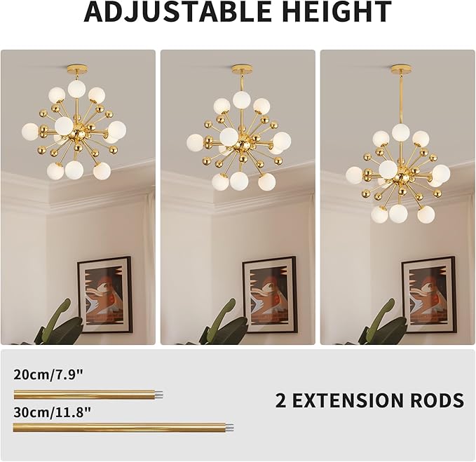 KCO Lighting Sputnik Chandelier Lighting Fixture Gold Mid Century Modern Hanging Pendant Light, Frosted Glass Modern Ceiling Pendant Light Living Room Dining Room (11 Lights)