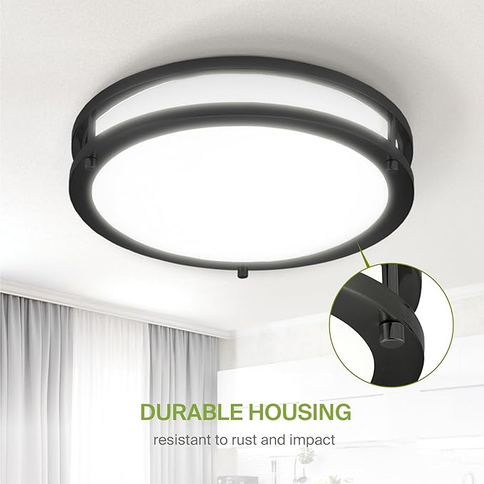 ASD LED 12" Round Flush Mount Lighting, Close to Ceiling Light Fixture | 3CCT, Dimmable, Energy Star, ETL Listed | 20W 1550LM 3000-5000K 120V | Low Profile Double Ring Lamp | Black