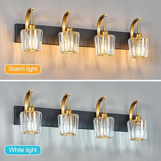 Modern Bathroom Vanity Light, 4-Light Black Gold Wall Sconce with Crystal Accents, Over Mirror Bathroom Lighting Fixture, 32.67" Long Dimmable Vanity Lamp for Makeup, Easy Installation