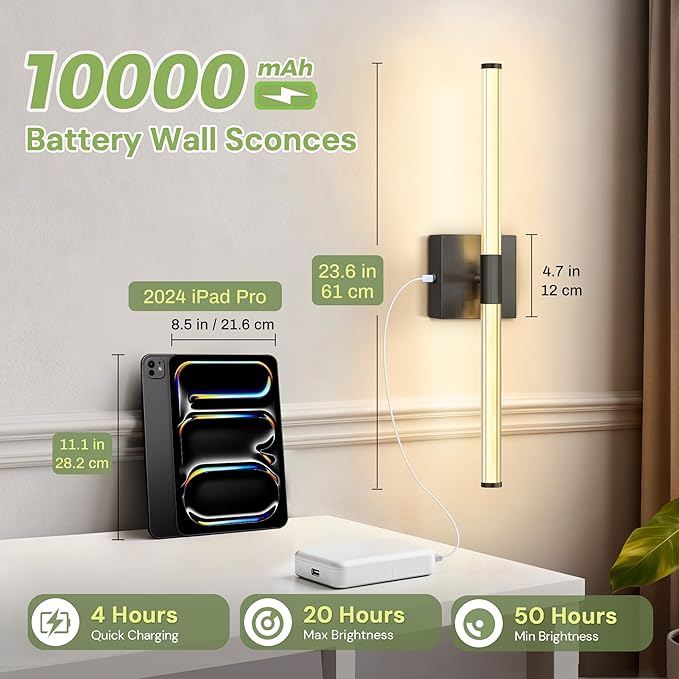 L LOHAS LED Battery Operated Wall Sconces Set of 2, 10000mAh Black and White Battery Wall Sconce, 3000K Dimmable Wireless Wall Light, Sconce Wall Decor for Bedroom, Living Room, 24in