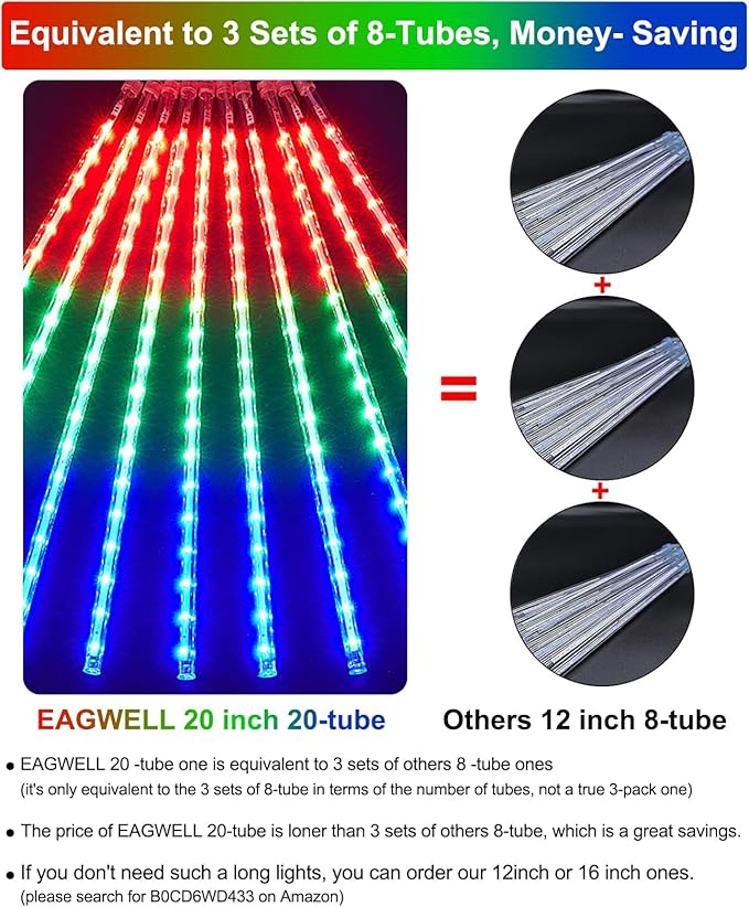 Meteor Shower Lights UL Certified 1080 LEDs 20 Tubes Falling Rain Drop Christmas Icicle Cascading Lights for Xmas Tree Halloween Decorations Wedding Party Holiday Garden Decor, Multicolor