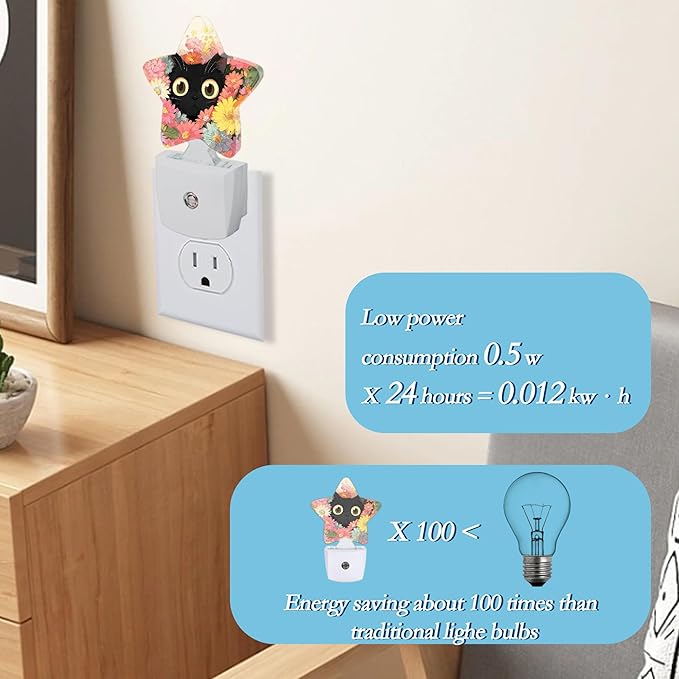 Black Cat Night Light,Flowers Plug-in Night Light Auto Dusk-to-Dawn Sensor Energy Efficient Led Lamp for Room Decor,Hallway,Kitchen,Bathroom,Plug-in,Decor Desk Lamp Gifts