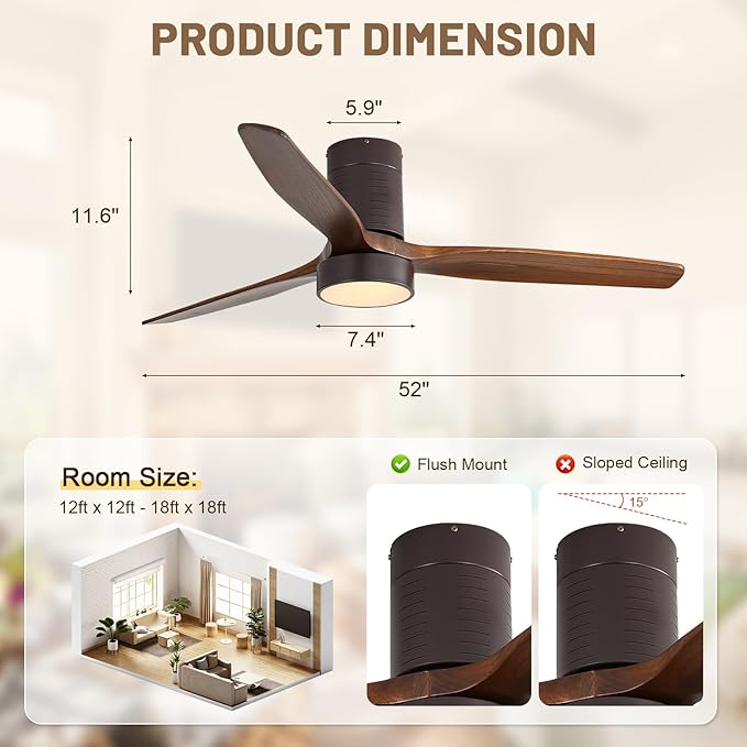 Sofucor 52 Inch Ceiling Fans with Lights, Flush Mount Ceiling Fan with Lights and Remote, Reversible DC Motor, Indoor/Outdoor 3 Blade Solid Wood Ceiling Fans for Bedroom Living Room Patio Farmhouse