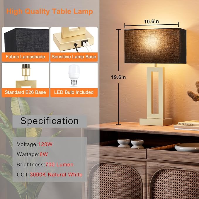 Seealle Nightstand Table Lamps for Bedrooms Set of 2 - Touch Bedside Lamp with USB C+A, 3 Way Dimmable Living Room Lamps for End Tables Set of 2(Black&Gold)