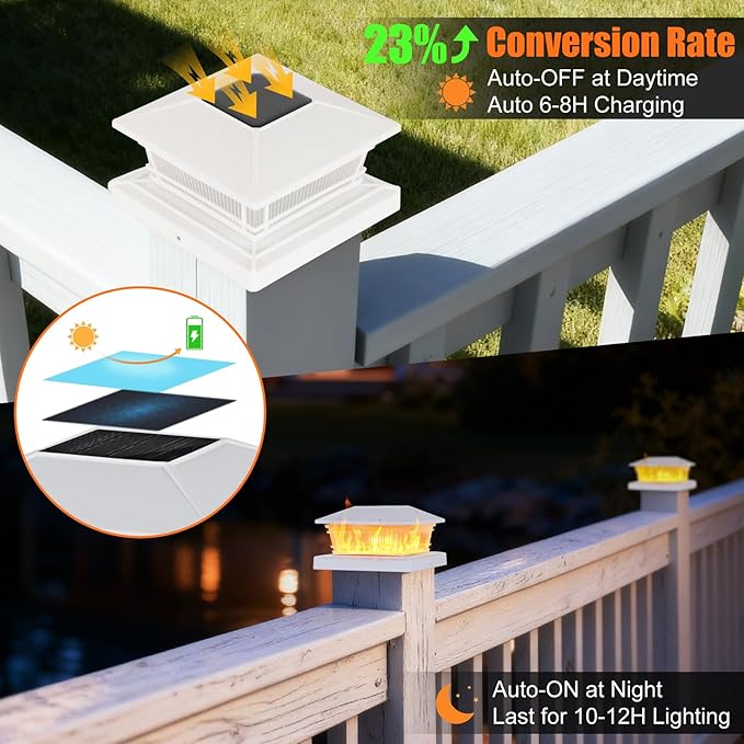 8 Pack Flame Post Solar Lights, Flickering Flame & Warm Light Solar Lights for Fence Posts, Waterproof Deck Post Lights for Porch Garden Yard for 4x4 5x5 6x6 Vinyl/Wooden Posts, White