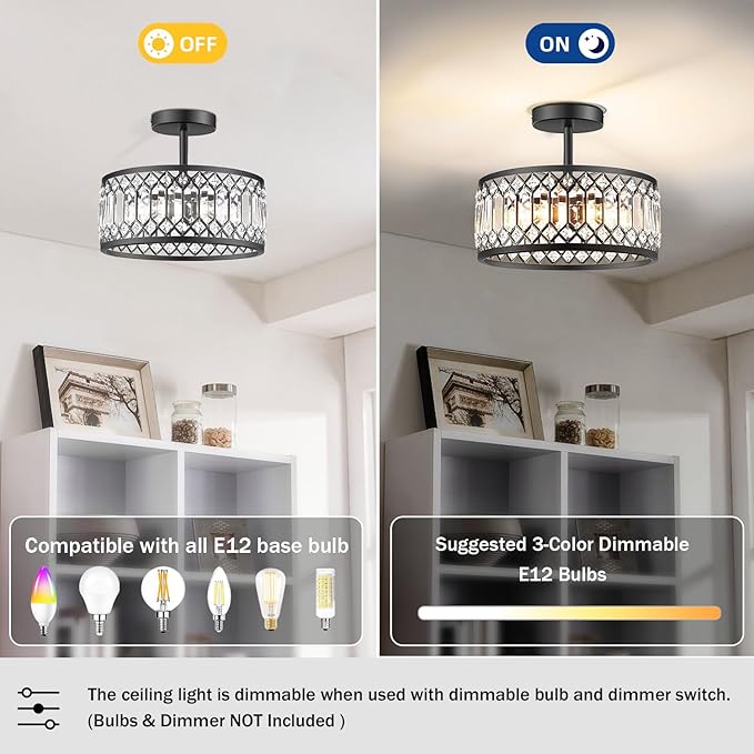 Crystal Ceiling Light Fixture, Modern Semi Flush Mount Ceiling Light, Round Hallway Lighting Fixtures Chandelier for Kitchen Entryway Bedroom Dining Room, 3-Light, 12 Inch