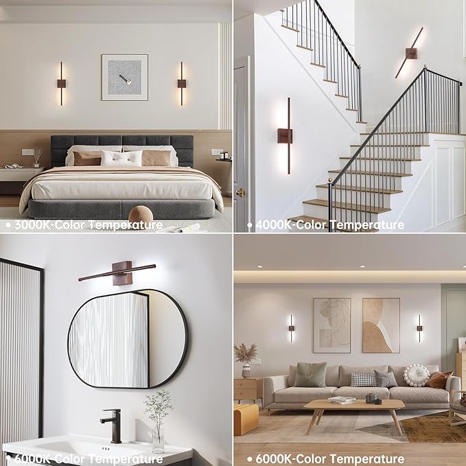 Battery Operated Wall Sconce Set of 2, 8000mAh Rechargeable Wall Sconces, 3000K-6000K Dimmable, 350°Rotate, Indoor Wall Lights for Bedroom Living Room Bathroom, Black Walnut, 23.6 Inch