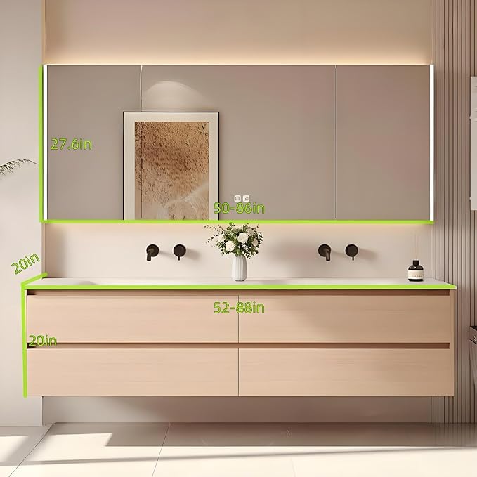 Double Bathroom Vanity with Sink - LED Light & Defogging Function Mirror | Wall Mounted Bathroom Cabinet with 4 Drawers, Integral Ceramic Wash Basin (52'')