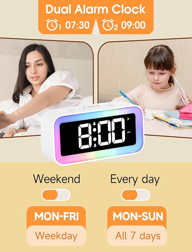 Cadmos Loud Alarm Clock for Bedrooms with Dynamic RGB Night Light,Heavy Sleepers Adults,Dual Alarm,Dimmer,USB Charger,Small Bedside Digital Clock with Led Display for Kids,Teens,Seniors (White)