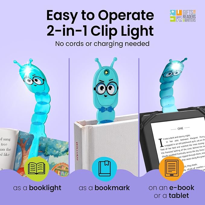 Gifts for Readers & Writers Bookmark Reading Light Bookworm Teal - 2in1 Clip On Bookmark Kids Book Light for Reading Night in Bed, Travel Cute Book Lights, Flexible 8 Lumen LED Lights for Books