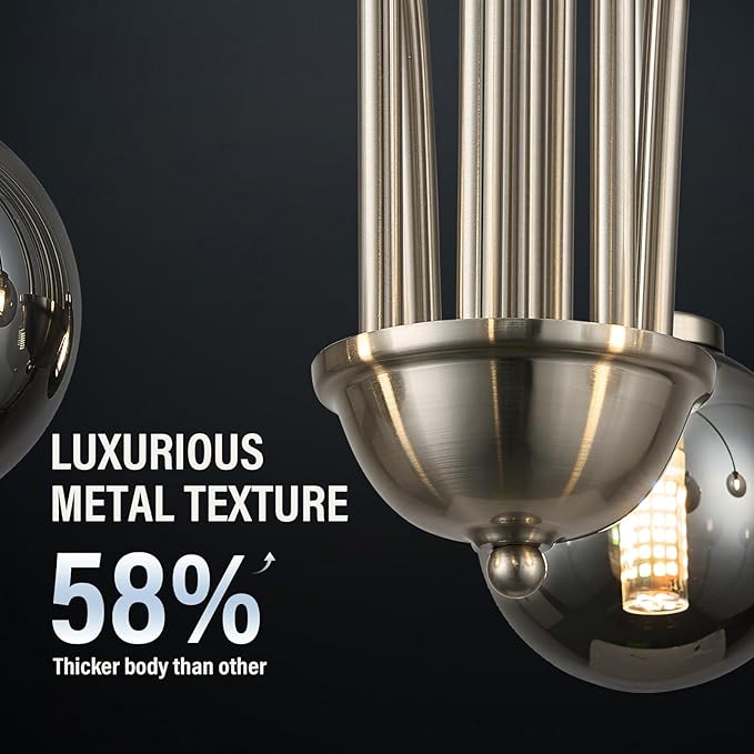 Modern Sputnik Globe Chandelier, 6-Light Nickel Linear Chandeliers for Dining Room and Kitchen Island, Mid Century Light Fixture Over Table, (Smoke Grey Glass Bubble Shades, 40 Inch)