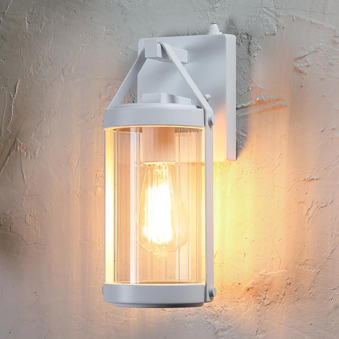 LONEDRUID 2 Pack Dusk to Dawn Sensor Outdoor Wall Sconce Lighting White Exterior Porch Lantern Modern Outside Garage Light Fixtures Waterproof Wall Mount Lamp for House Patio Front Door