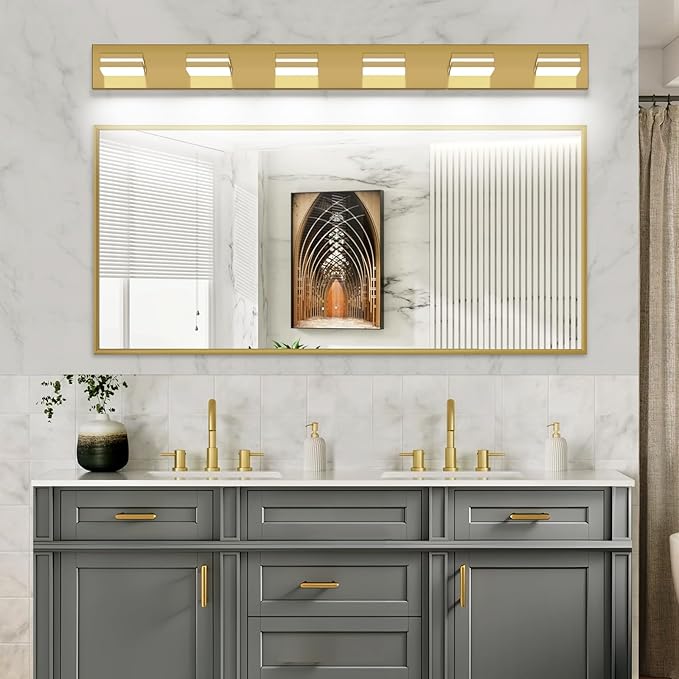 SineRise LED Modern Bathroom Vanity Light Fixtures (6-Light, 48-Inch), Brass Modern Acrylic Bathroom Wall Lighting Fixtures Over Mirror (Cool White 6000K)