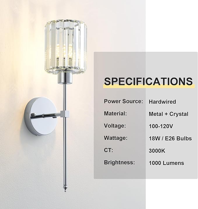 Hardwired Crystal Wall Sconces Set of Two - Dimmable Wall Light Fixtures 3000K, Warm White, for Hallway, Bathroom, Living Room, Bedroom, Chrome, 20.1 Inch