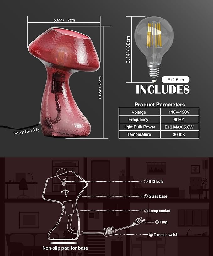 V06 Vintage Mushroom Table Lamp - Dimmable Nightstand Lamps with Clear Glass, Retro Red Bedside Lamp, Aesthetic Small Cute Nightlight for Bedroom, Living Room, Dining, Entryway, Bulb Included