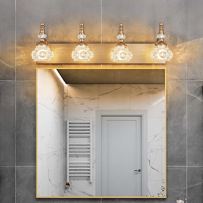 Modern Glass Crystal Vanity Light - Vintage Bathroom Lighting Fixtures Over Mirror, 4 Light Vanity Lights G9 Bulb (27.55 Inch,Brass)
