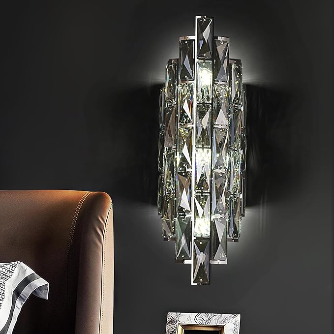 Crystal Modern Wall Sconces, Smoky Gray Wall Light Fixture for Luxury Indoor, K9 Vanity Wall Lighting for Bedside Bedroom Bathroom Living Room Doorway