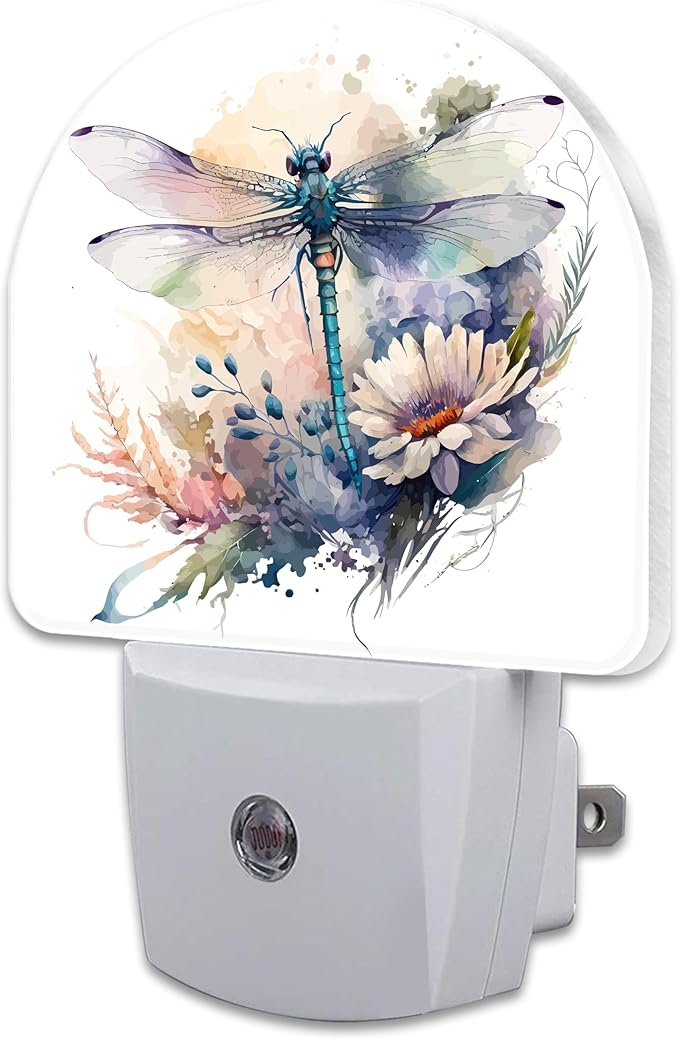 Watercolor Dragonfly Flowers Night Light, Vintage Insect Botanical Floral Leaves Dusk to Dawn Night Light Plug in,0.5w Energy Saving Sleep Friendly NightLight for Kids Boys Girls Home Decor