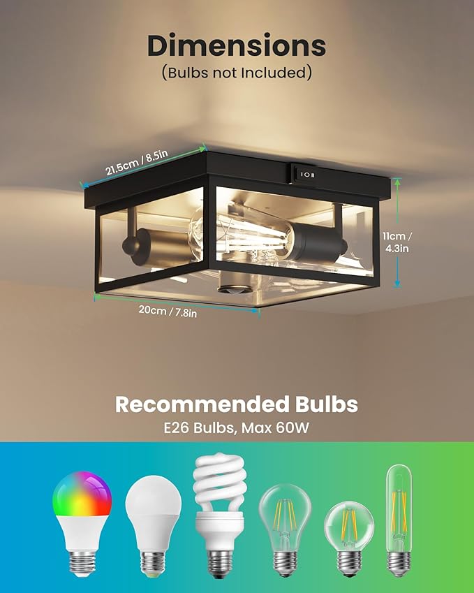 Outdoor Ceiling Light with Motion Sensor, Flush Mount Porch Light, Exterior Light Fixture with Clear Glass, Dusk to Dawn 2-Light Fixture for Patio,Porch (10.5in 2Pack)