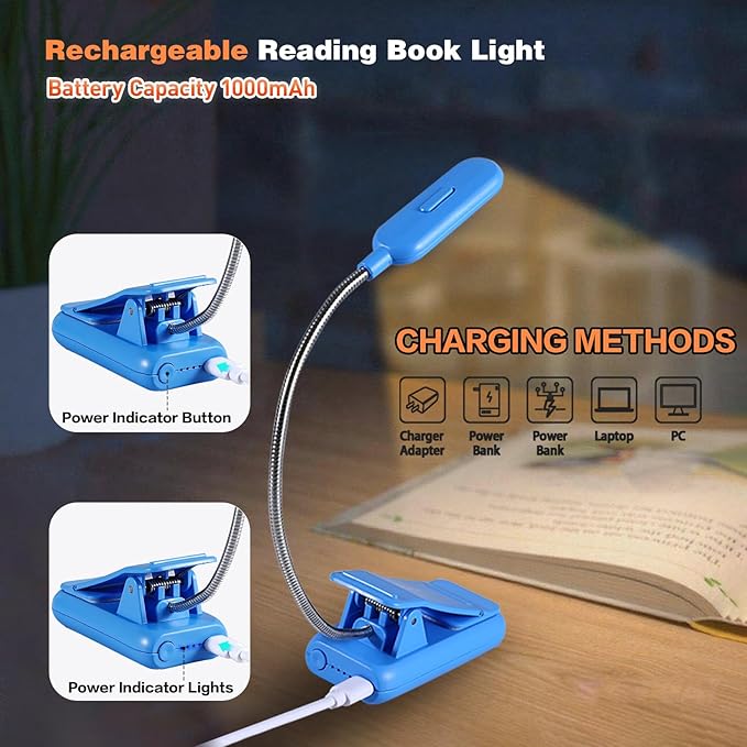 VAVOFO Rechargeable Book Light for Reading in Bed Kids, 7 LED Reading Light with 9-Level Warm Cool White Daylight, Eye Care Lamp with Power Indicator for Bookworms (Blue Lotus)