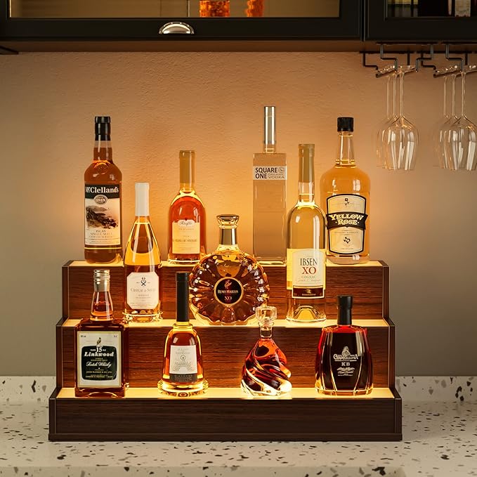 LED Lighted Liquor Bottle Display Shelf, 24 Inch Bar Display Shelf with App & Remote Control 3 Tier for Home Bar, Party, Walnut