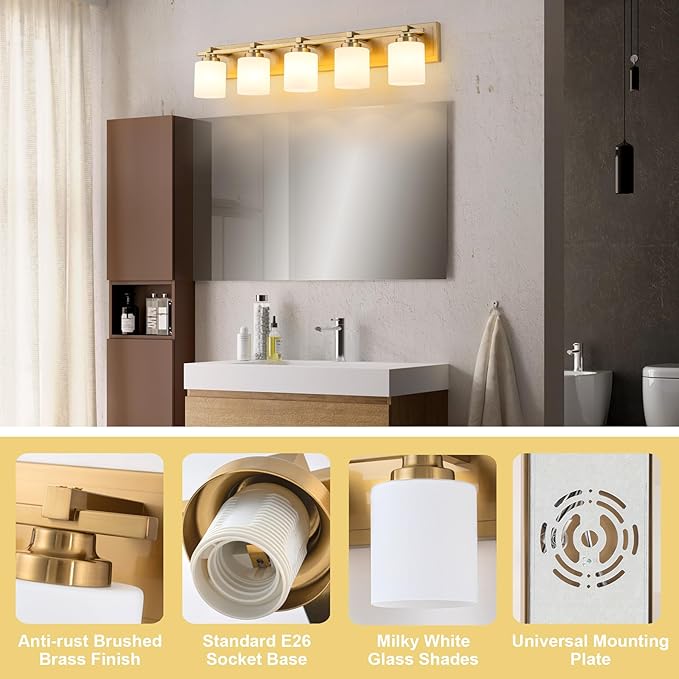 5 Light Modern Bathroom Light Fixtures Over Mirror, Brass Finish Vanity Lights for Bathroom Wall Sconces with Milky White Glass Shades, E26 Socket (Bulbs Not Included)