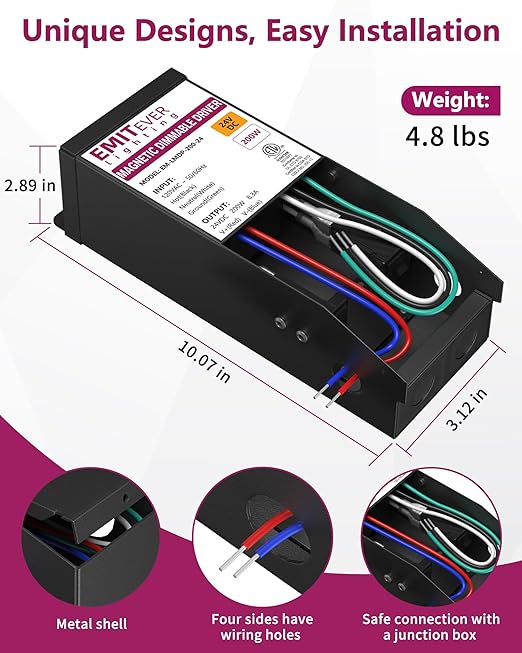EMITEVER 200W Magnetic Dimmable LED Drvier, 24V Transformer Magnetic Power Supply 120VAC to 24VDC, Compatible with Lutron and Leviton Dimmer, for LED Strip Light,Kitchen,Cabinet,ETL Listed