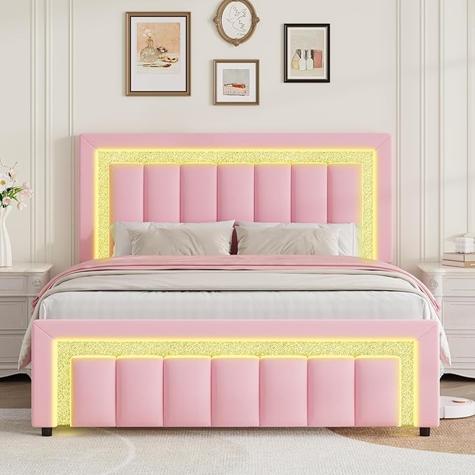 HOMBCK Queen Bed Frame with Velvet Upholstered Headboard and LED Lights, Queen Size Bed Frames with Modern Diamond Headboard Adjustable, Wooden Slats Support, Noise Free, No Box Spring Needed, Pink