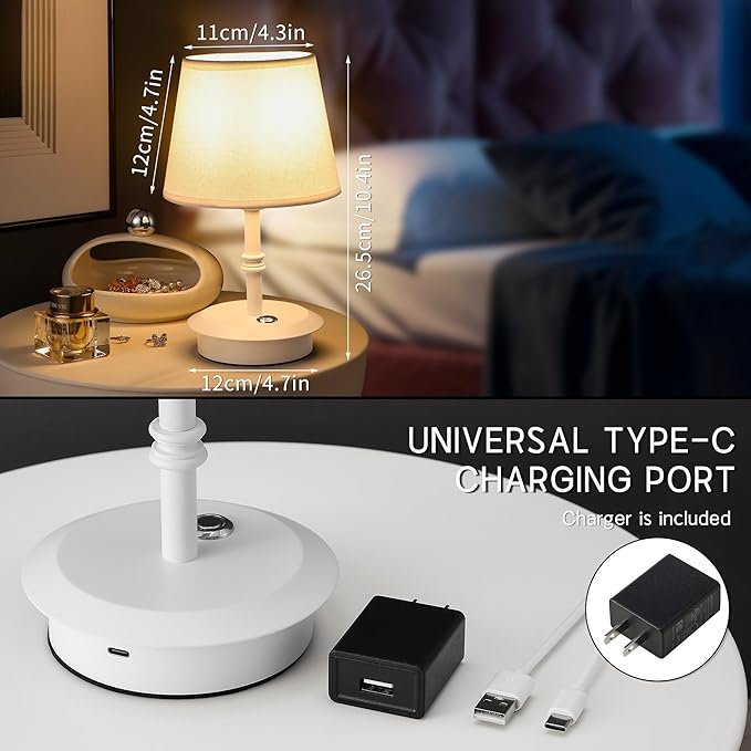 Mini – Cordless LED Table Lamp with Dimmer, Built-in Rechargeable Battery, 3-Level Brightness, Patio Table Lamp, Bedside Night Lamp, Ambient Light for Restaurant (White)