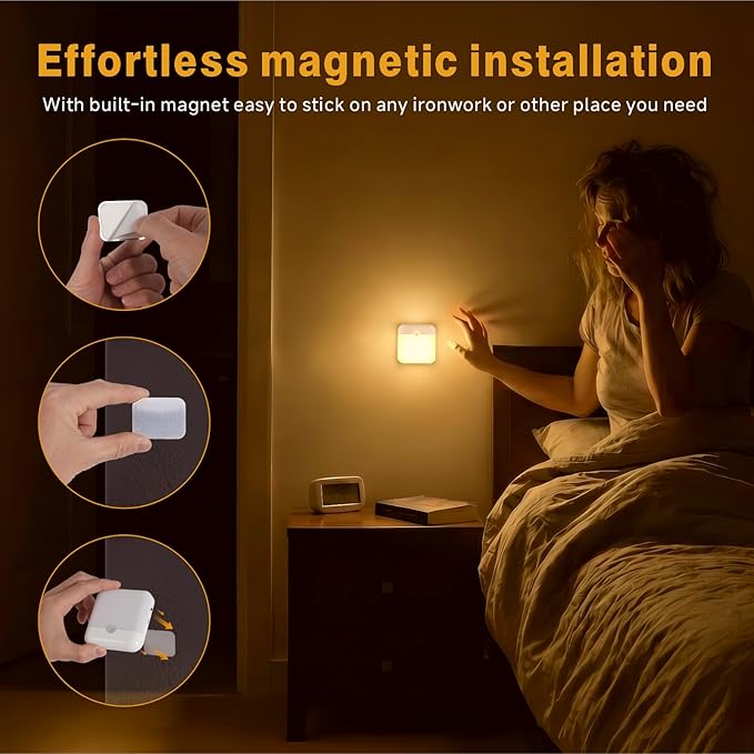 4 Pack Motion Sensor Night Light, Rechargeable Motion Activated Night Light, 60LM, 2-Mode, Stick-on Battery Operated Nightlight for Stairway, Hallway, Kitchen, Closet, Cabinet, Bedroom