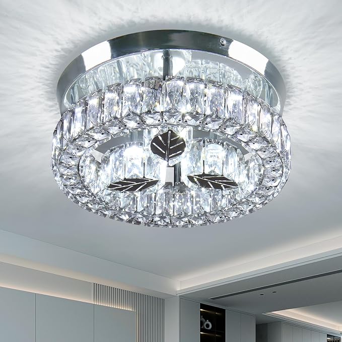 Finktonglan 11.6" Crystal Flush Mount LED Ceiling Light, 30W 6500K Cool White, Round Leaf Design, K9 Crystal & Stainless-Steel, Non-Dimmable, 85–260V