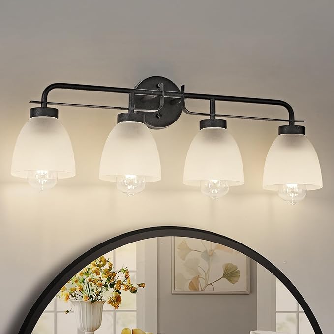 28 Inch Mid-Century Modern Vanity Lights, 4-Light Black Bathroom Light Fixture with Frosted White Bell Shades, Industrial Wall Sconce for Mirror Over Vanity, Bedroom, Hallway