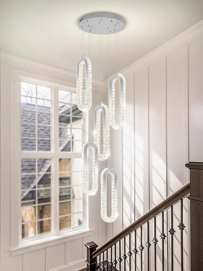 5-Lights Modern Crystal Chandelier for High Ceiling LED Dimmable Ring Pendant Chandeliers Stairwell Chandelier Lighting Silver