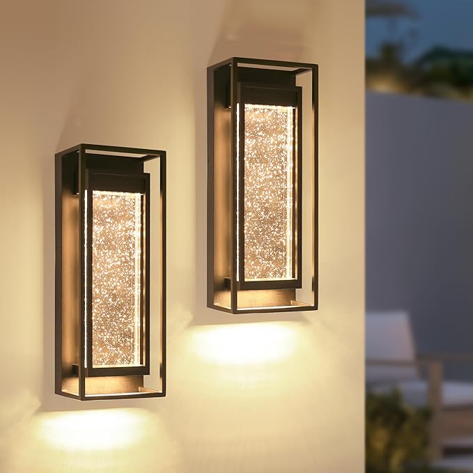 LUTEC 2 Pack Outdoor Wall Light Fixtures, 5 Color Temperature Porch Light Wall Sconce with Crystal Bubble Glass,Waterproof Outdoor Wall Lanterns, Modern Outside Lights for House Front Door Garage