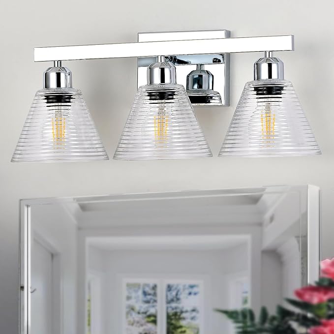 3-Light Modern Bathroom Vanity Lights, Nickel Bathroom Light Fixtures with Clear Glass Shade, Farmhouse Wall Sconces for Mirror Kitchen Bedroom Living Room