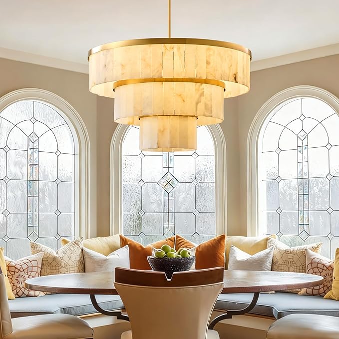 D34.3 Round Alabaster Chandelier, 3-Tier Brass Marble High Ceiling Chandeliers, Modern Dining Room Chandeliers Living Room Light for Entryways, Foyer, Stair, Kitchen Gold(Include Bulbs)