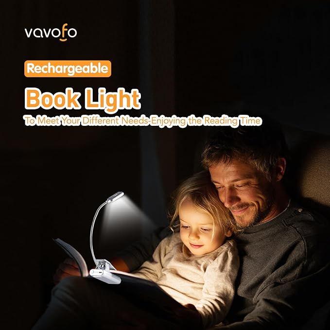 VAVOFO Rechargeable Book Light for Reading in Bed Kids, 7 LED Reading Light with 9-Level Warm Cool White Daylight, Eye Care Lamp with Power Indicator for Bookworms (Silver)