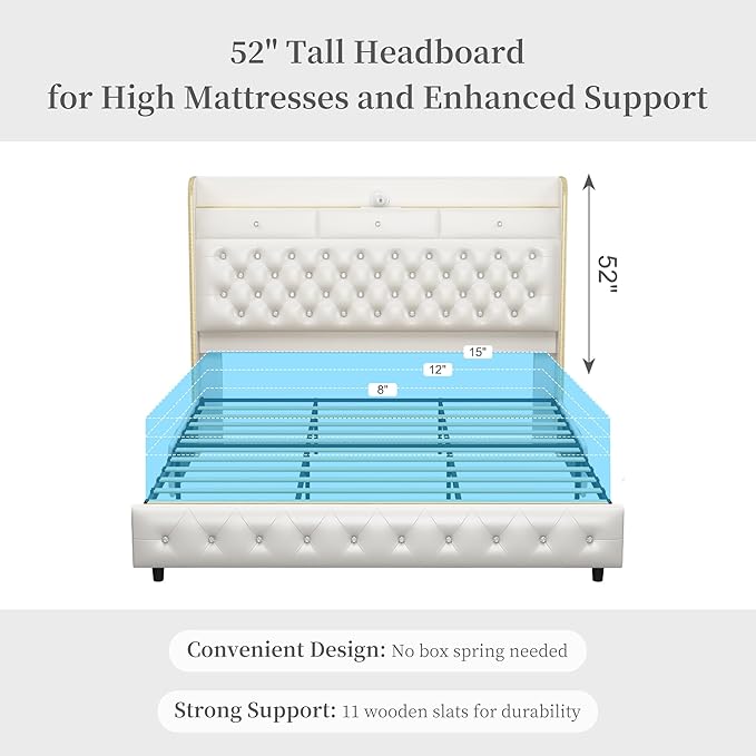 King Led Bed Frame with Galaxy Aurora Star Projector, King Size Platform Bed with 2 Storage Drawers, 52" Diamond Upholstered Headboard with Charging Station, Noise Free, No Box Spring Needed, PU White