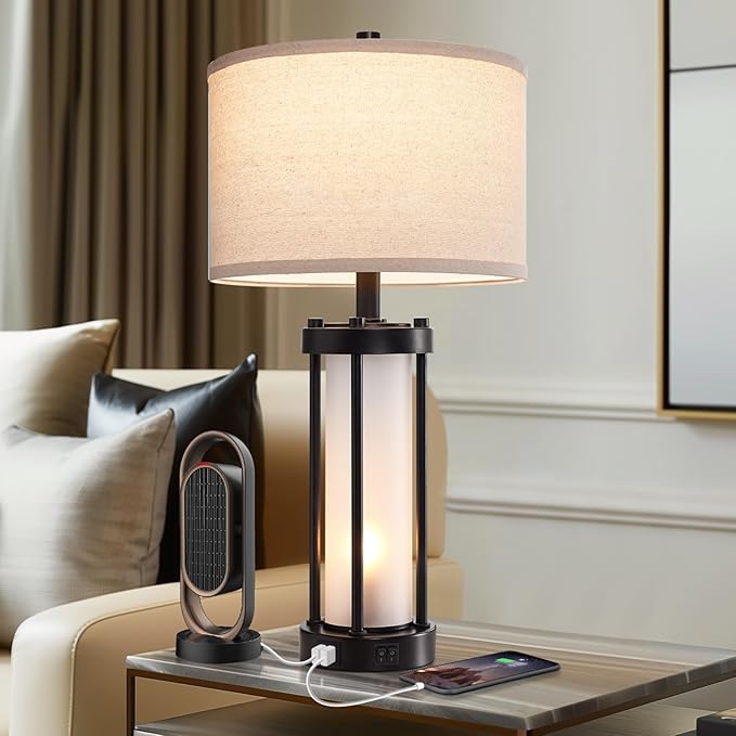 Modern Table Lamps for Living Room, Industrial Beside Lamps with 2 USB Ports, Rustic Nightstand Lamp with White Frosted Glass Night Light for Bedroom End Table Entryway, 2 Bulb Included