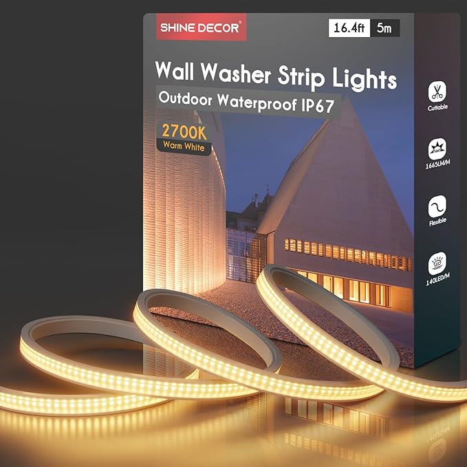 Shine Decor 16.4 FT LED Wall Washer Light Strip, IP67 Waterproof Flexible Linear Grazer, 2700K Warm White for Outdoor Commercial Lighting, Buildings, Weddings, Church Illumination