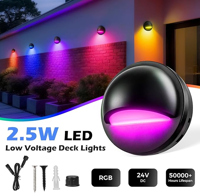 RGB Low Voltage LED Deck Lights Kit with Transformer Timer and Photocell Sensor, IP67 Waterproof Low Voltage Landscape Lighting, 12-24V Step Lights for Outdoor Walkway Stair Post Railing (6 Pack)