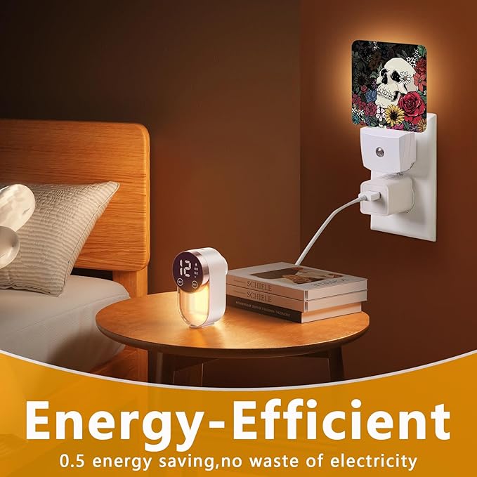 Halloween Skull Night Light, Plug-into Skeleton Flower Floral Nightlight White LED Lamp, Energy Efficient Decor Desk Lamp for Bedroom Hallway Stairs Bathroom