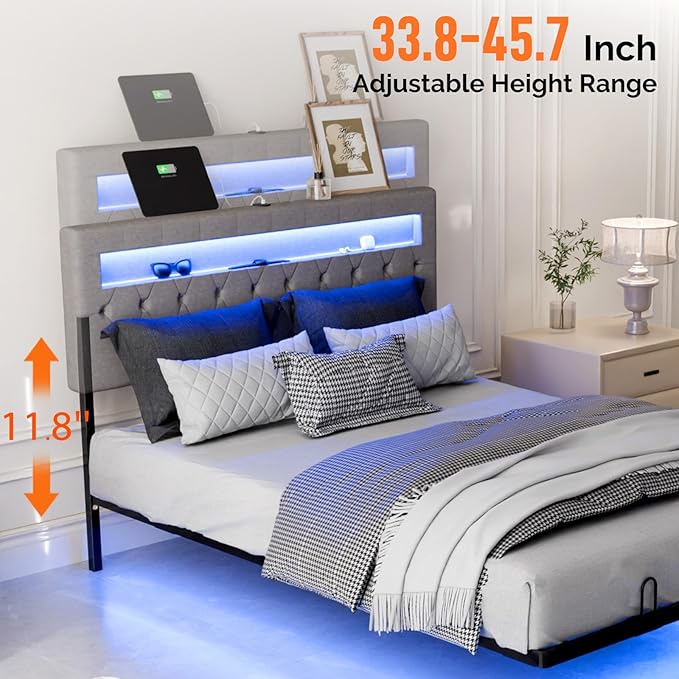 VINGLI Full Size Floating Bed Frame with Charging Station,Modern Metal Full Bed with led Lights,Easy Assembly,No Box Spring Needed,Adjustable Headboard,Upholstered Bed Frame for Adults, Kids