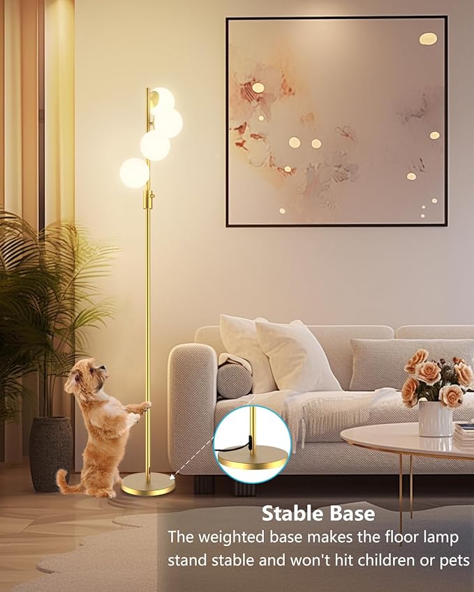 Lightdot 64IN Dimmable (Brightness Adjustable) Globe Floor Lamp, Modern Gold Standing Lamps with 4PCS 3000K G9 Bulbs Soft Warm White Eye Care, Mid Century Floor Lamp for Living Room Bedroom