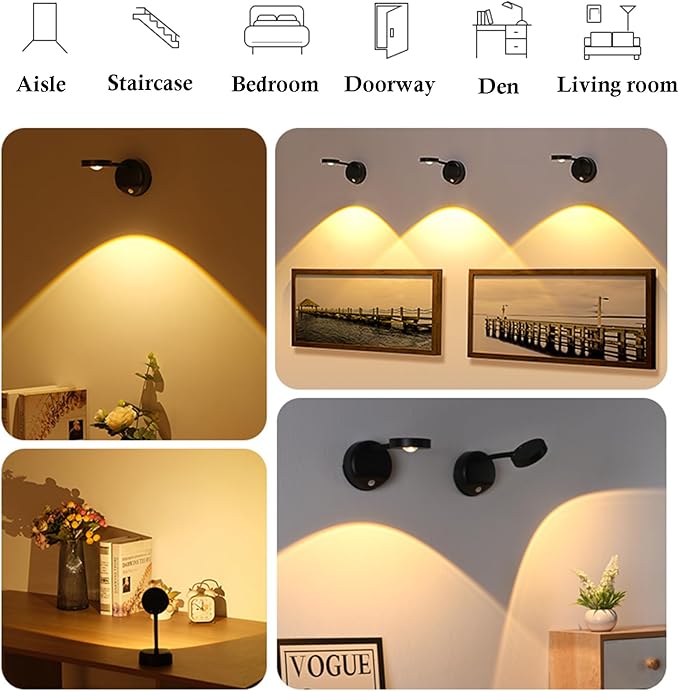Wireless Picture Light Battery Operated, 2200mAH Rechargeable Painting Light with Motion Sensor and Rotatable Tube, Stepless Dimming Art Display Light for Picture Frame (Black)