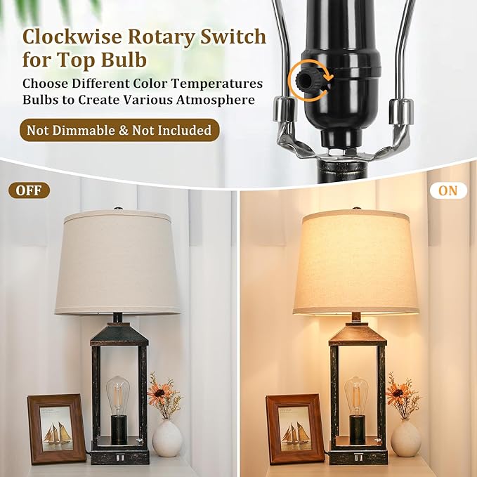 28" Black Farmhouse Bedside Table Lamp for Living Room, 3-Way Dimmable Touch Control Modern Nightstand Lamp with 2 Light, Rustic Desk Lamp with USB Ports for Bedroom, Home, Office, 2 Bulbs Included